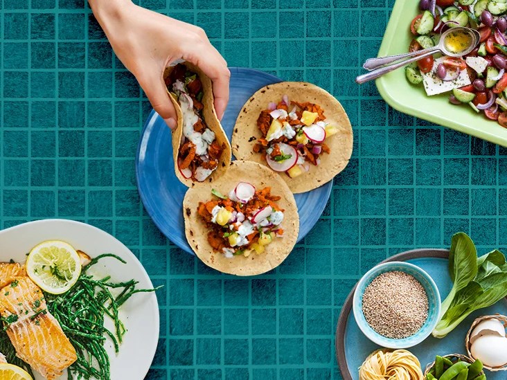 meal of tacos on green tile background